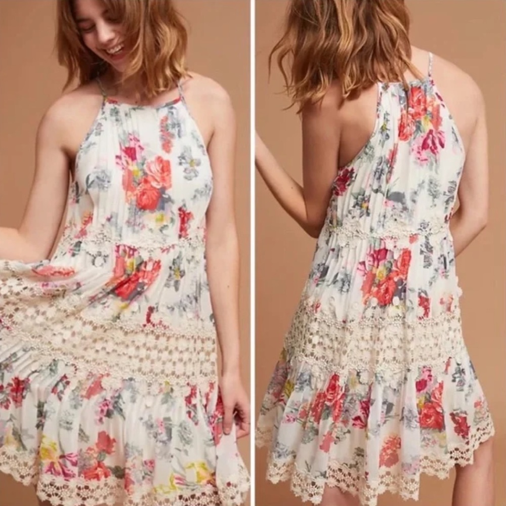 Anthropologie Ranna Gill Kalila Women’s Pleated Floral Crochet Lace Swing Dress